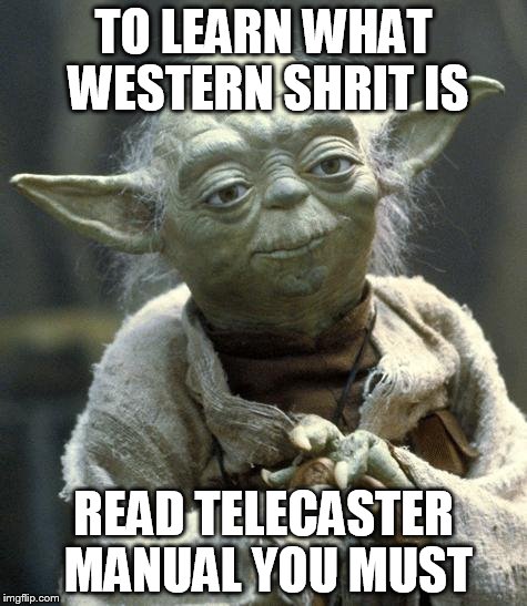 Star Wars Yoda Meme | TO LEARN WHAT WESTERN SHRIT IS READ TELECASTER MANUAL YOU MUST | image tagged in bigot yoda | made w/ Imgflip meme maker