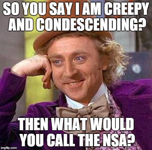 Creepy Condescending Wonka Meme | SO YOU SAY I AM CREEPY AND CONDESCENDING? THEN WHAT WOULD YOU CALL THE NSA? | image tagged in memes,creepy condescending wonka | made w/ Imgflip meme maker