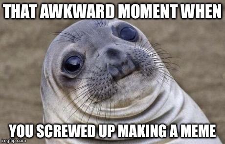 THAT AWKWARD MOMENT WHEN YOU SCREWED UP MAKING A MEME | image tagged in memes,awkward moment sealion | made w/ Imgflip meme maker