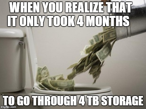money down toilet | WHEN YOU REALIZE THAT    IT ONLY TOOK 4 MONTHS TO GO THROUGH 4 TB STORAGE | image tagged in money down toilet | made w/ Imgflip meme maker