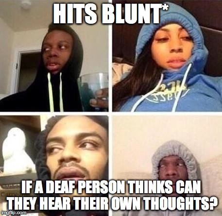 *Hits blunt | HITS BLUNT* IF A DEAF PERSON THINKS CAN THEY HEAR THEIR OWN THOUGHTS? | image tagged in hits blunt | made w/ Imgflip meme maker