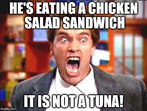 arnold | HE'S EATING A CHICKEN SALAD SANDWICH IT IS NOT A TUNA! | image tagged in arnold | made w/ Imgflip meme maker