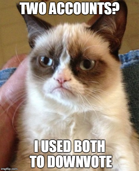 Grumpy Cat Meme | TWO ACCOUNTS? I USED BOTH TO DOWNVOTE | image tagged in memes,grumpy cat | made w/ Imgflip meme maker