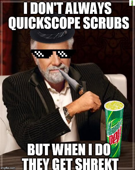 The Most Interesting Man In The World Meme | I DON'T ALWAYS QUICKSCOPE SCRUBS BUT WHEN I DO THEY GET SHREKT | image tagged in memes,the most interesting man in the world,mlg,swag,gaming | made w/ Imgflip meme maker