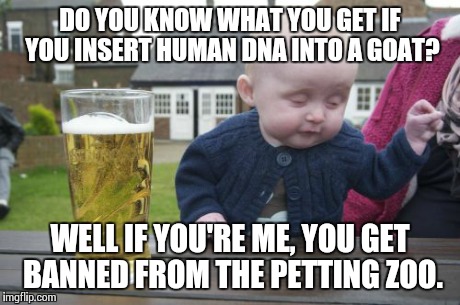 Should've Gone To The Circus!  | DO YOU KNOW WHAT YOU GET IF YOU INSERT HUMAN DNA INTO A GOAT? WELL IF YOU'RE ME, YOU GET BANNED FROM THE PETTING ZOO. | image tagged in memes,drunk baby | made w/ Imgflip meme maker