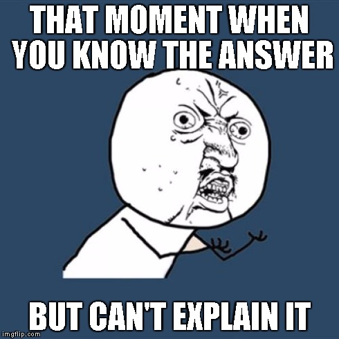 Y U No Meme | THAT MOMENT WHEN YOU KNOW THE ANSWER BUT CAN'T EXPLAIN IT | image tagged in memes,y u no | made w/ Imgflip meme maker