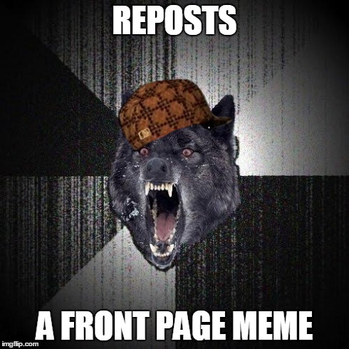When this meme gets on the front page, I give you my permission to repost it whenever you like | REPOSTS A FRONT PAGE MEME | image tagged in memes,insanity wolf,scumbag,imgflip,repost,front page | made w/ Imgflip meme maker