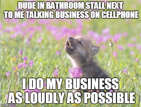 Baby Insanity Wolf | DUDE IN BATHROOM STALL NEXT TO ME TALKING BUSINESS ON CELLPHONE I DO MY BUSINESS AS LOUDLY AS POSSIBLE | image tagged in memes,baby insanity wolf,funny | made w/ Imgflip meme maker