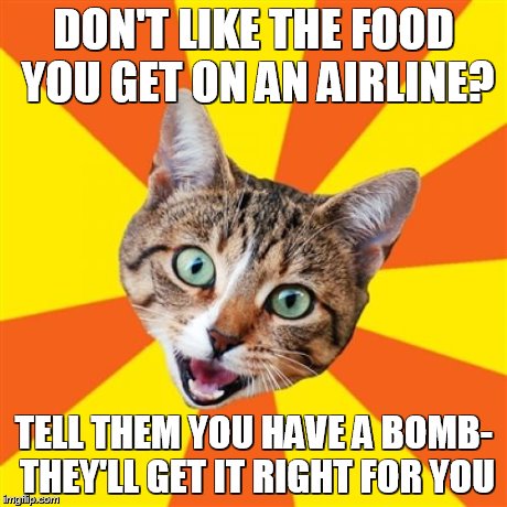 Bad Advice Cat | DON'T LIKE THE FOOD YOU GET ON AN AIRLINE? TELL THEM YOU HAVE A BOMB- THEY'LL GET IT RIGHT FOR YOU | image tagged in memes,bad advice cat | made w/ Imgflip meme maker