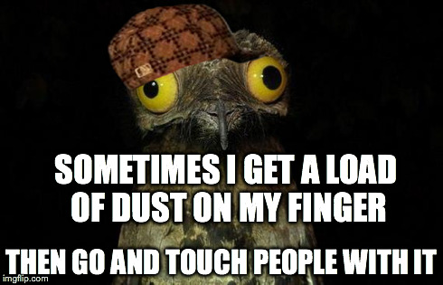 Weird Stuff I Do Potoo Meme | SOMETIMES I GET A LOAD OF DUST ON MY FINGER THEN GO AND TOUCH PEOPLE WITH IT | image tagged in memes,weird stuff i do potoo,scumbag | made w/ Imgflip meme maker
