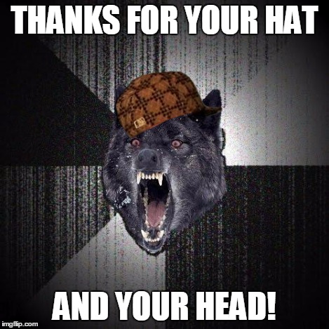 Insany Wolf | THANKS FOR YOUR HAT AND YOUR HEAD! | image tagged in insany wolf,scumbag | made w/ Imgflip meme maker