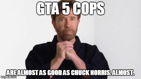 Chuck Norris | GTA 5 COPS ARE ALMOST AS GOOD AS CHUCK NORRIS. ALMOST. | image tagged in chuck norris | made w/ Imgflip meme maker