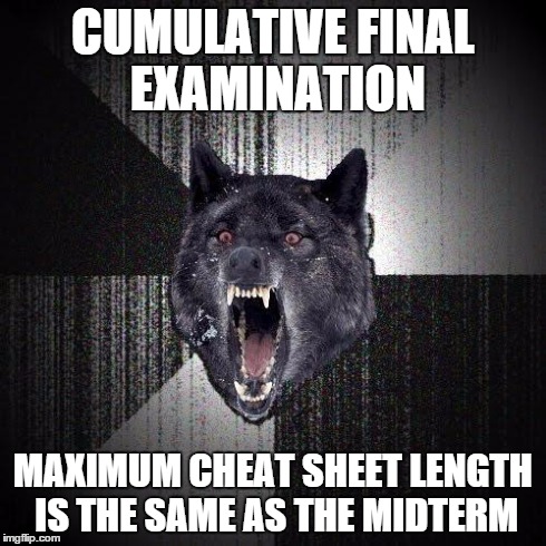 Insanity Wolf Meme | CUMULATIVE FINAL EXAMINATION MAXIMUM CHEAT SHEET LENGTH IS THE SAME AS THE MIDTERM | image tagged in memes,insanity wolf | made w/ Imgflip meme maker