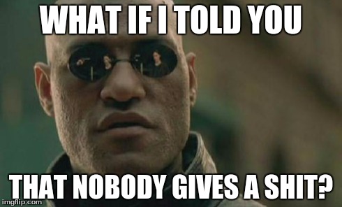 Matrix Morpheus Meme | WHAT IF I TOLD YOU THAT NOBODY GIVES A SHIT? | image tagged in memes,matrix morpheus | made w/ Imgflip meme maker