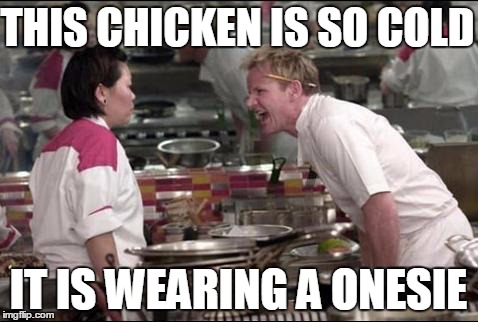 Angry Chef Gordon Ramsay | THIS CHICKEN IS SO COLD IT IS WEARING A ONESIE | image tagged in memes,angry chef gordon ramsay | made w/ Imgflip meme maker