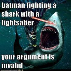 batman fighting a shark with a light saber Blank Meme Template