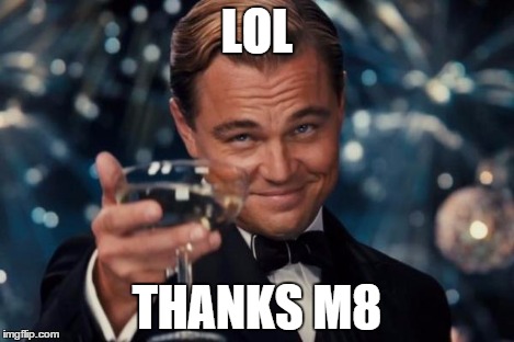 Leonardo Dicaprio Cheers Meme | LOL THANKS M8 | image tagged in memes,leonardo dicaprio cheers | made w/ Imgflip meme maker