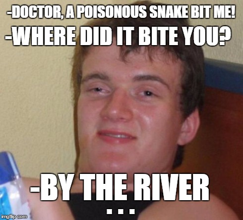 smart guy... | -DOCTOR, A POISONOUS SNAKE BIT ME! -WHERE DID IT BITE YOU? -BY THE RIVER . . . | image tagged in memes,10 guy,lol,funny,too funny,funny memes | made w/ Imgflip meme maker