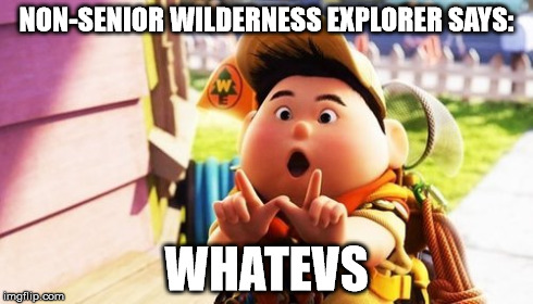 Russel from Up goes berserk | NON-SENIOR WILDERNESS EXPLORER SAYS: WHATEVS | image tagged in random | made w/ Imgflip meme maker