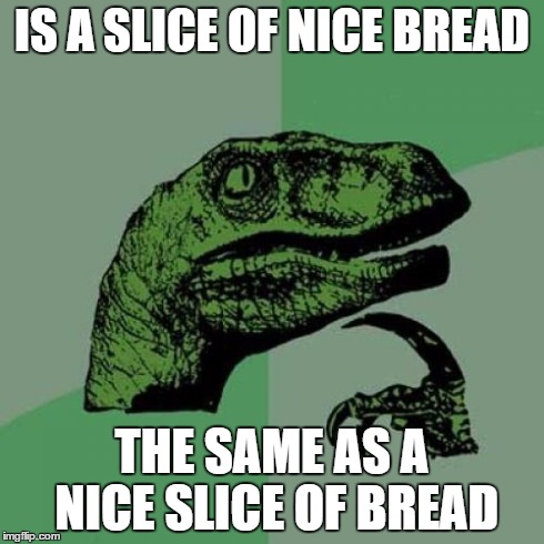 Philosoraptor | IS A SLICE OF NICE BREAD THE SAME AS A NICE SLICE OF BREAD | image tagged in memes,philosoraptor | made w/ Imgflip meme maker