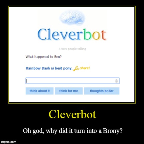 Cleverbot Brony Fail | image tagged in funny,demotivationals,cleverbot,fail,ben drowned,brony | made w/ Imgflip demotivational maker