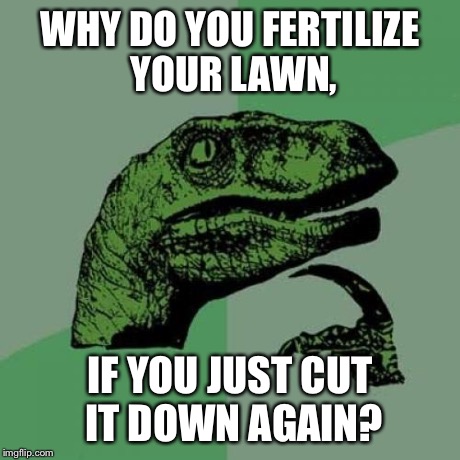 Philosoraptor Meme | WHY DO YOU FERTILIZE YOUR LAWN, IF YOU JUST CUT IT DOWN AGAIN? | image tagged in memes,philosoraptor | made w/ Imgflip meme maker