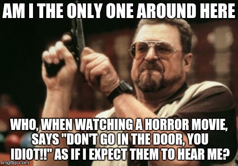 Am I The Only One Around Here | AM I THE ONLY ONE AROUND HERE WHO, WHEN WATCHING A HORROR MOVIE, SAYS "DON'T GO IN THE DOOR, YOU IDIOT!!" AS IF I EXPECT THEM TO HEAR ME? | image tagged in memes,am i the only one around here | made w/ Imgflip meme maker