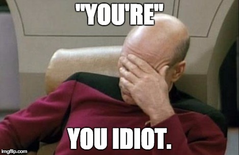 Captain Picard Facepalm Meme | "YOU'RE" YOU IDIOT. | image tagged in memes,captain picard facepalm | made w/ Imgflip meme maker