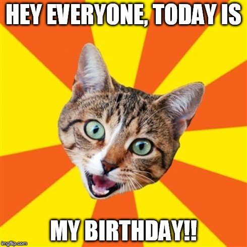 Bad Advice Cat Meme | HEY EVERYONE, TODAY IS MY BIRTHDAY!! | image tagged in memes,bad advice cat | made w/ Imgflip meme maker