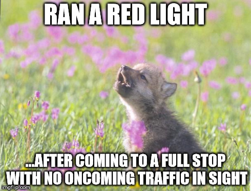 Baby Insanity Wolf Meme | RAN A RED LIGHT ...AFTER COMING TO A FULL STOP WITH NO ONCOMING TRAFFIC IN SIGHT | image tagged in memes,baby insanity wolf | made w/ Imgflip meme maker