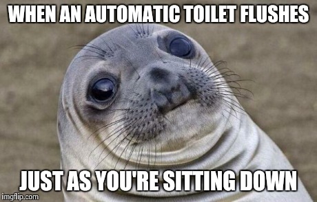 Awkward Moment Sealion | WHEN AN AUTOMATIC TOILET FLUSHES JUST AS YOU'RE SITTING DOWN | image tagged in memes,awkward moment sealion | made w/ Imgflip meme maker