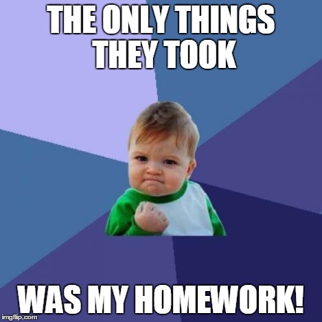 Success Kid Meme | THE ONLY THINGS THEY TOOK WAS MY HOMEWORK! | image tagged in memes,success kid | made w/ Imgflip meme maker