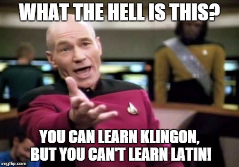 Duolingo: Fake language v.s. Dead language | WHAT THE HELL IS THIS? YOU CAN LEARN KLINGON, BUT YOU CAN'T LEARN LATIN! | image tagged in memes,picard wtf | made w/ Imgflip meme maker