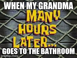 Many Hours Later... | WHEN MY GRANDMA GOES TO THE BATHROOM | image tagged in many hours later | made w/ Imgflip meme maker
