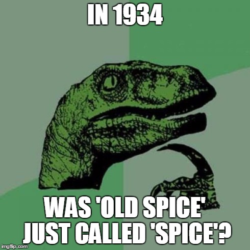 Philosoraptor | IN 1934 WAS 'OLD SPICE' JUST CALLED 'SPICE'? | image tagged in memes,philosoraptor | made w/ Imgflip meme maker