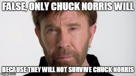 Chuck Norris | FALSE, ONLY CHUCK NORRIS WILL BECAUSE THEY WILL NOT SURVIVE CHUCK NORRIS | image tagged in chuck norris | made w/ Imgflip meme maker
