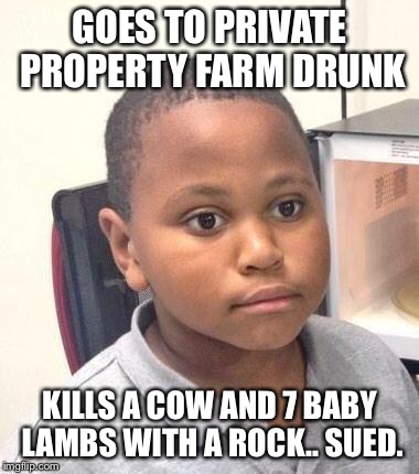 Minor Mistake Marvin Meme | GOES TO PRIVATE PROPERTY FARM DRUNK KILLS A COW AND 7 BABY LAMBS WITH A ROCK.. SUED. | image tagged in memes,minor mistake marvin | made w/ Imgflip meme maker