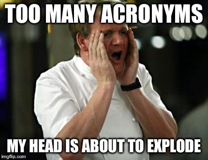 ramsay wtf | TOO MANY ACRONYMS MY HEAD IS ABOUT TO EXPLODE | image tagged in ramsay wtf | made w/ Imgflip meme maker