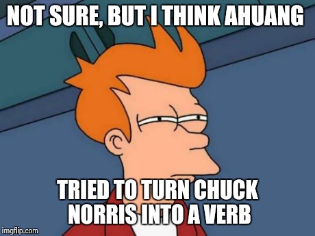 Futurama Fry Meme | NOT SURE, BUT I THINK AHUANG TRIED TO TURN CHUCK NORRIS INTO A VERB | image tagged in memes,futurama fry | made w/ Imgflip meme maker