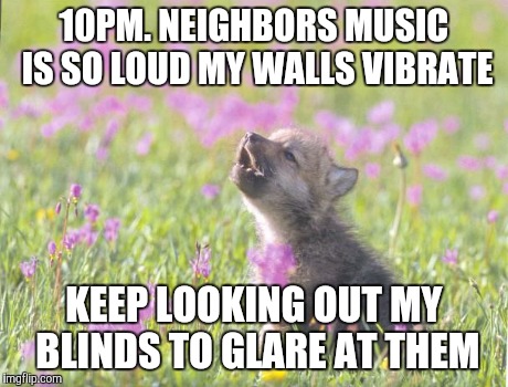 Baby Insanity Wolf Meme | 10PM. NEIGHBORS MUSIC IS SO LOUD MY WALLS VIBRATE KEEP LOOKING OUT MY BLINDS TO GLARE AT THEM | image tagged in memes,baby insanity wolf,AdviceAnimals | made w/ Imgflip meme maker