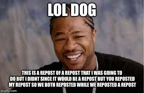 Yo Dawg Heard You Meme | LOL DOG THIS IS A REPOST OF A REPOST THAT I WAS GOING TO DO BUT I DIDNT SINCE IT WOULD BE A REPOST BUT YOU REPOSTED MY REPOST SO WE BOTH REP | image tagged in memes,yo dawg heard you | made w/ Imgflip meme maker