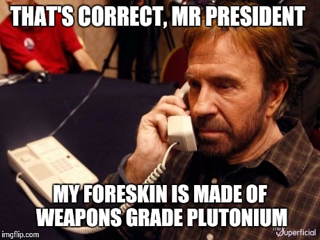 Chuck Norris Phone Meme | THAT'S CORRECT, MR PRESIDENT MY FORESKIN IS MADE OF WEAPONS GRADE PLUTONIUM | image tagged in chuck norris phone | made w/ Imgflip meme maker