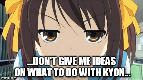 Haruhi stare | ...DON'T GIVE ME IDEAS ON WHAT TO DO WITH KYON... | image tagged in haruhi stare | made w/ Imgflip meme maker