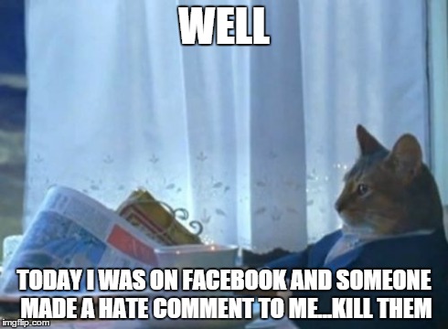 I Should Buy A Boat Cat | WELL TODAY I WAS ON FACEBOOK AND SOMEONE MADE A HATE COMMENT TO ME...KILL THEM | image tagged in memes,i should buy a boat cat | made w/ Imgflip meme maker