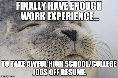 Satisfied Seal Meme | FINALLY HAVE ENOUGH WORK EXPERIENCE... TO TAKE AWFUL HIGH SCHOOL/COLLEGE JOBS OFF RESUME. | image tagged in memes,satisfied seal | made w/ Imgflip meme maker