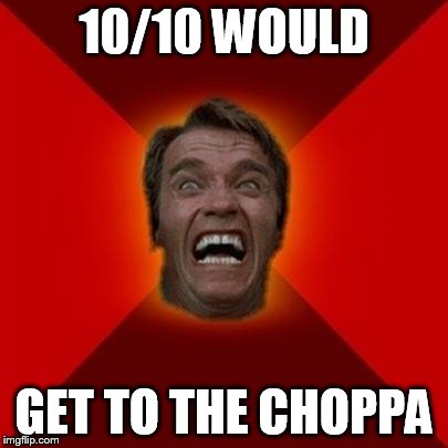 Arnold meme | 10/10 WOULD GET TO THE CHOPPA | image tagged in arnold meme | made w/ Imgflip meme maker