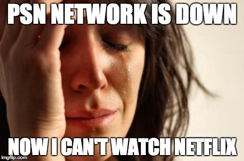 First World Problems | PSN NETWORK IS DOWN NOW I CAN'T WATCH NETFLIX | image tagged in memes,first world problems | made w/ Imgflip meme maker