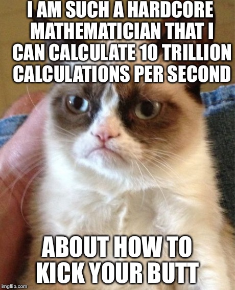 Grumpy Cat Meme | I AM SUCH A HARDCORE MATHEMATICIAN THAT I CAN CALCULATE 10 TRILLION CALCULATIONS PER SECOND ABOUT HOW TO KICK YOUR BUTT | image tagged in memes,grumpy cat | made w/ Imgflip meme maker