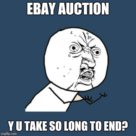 When you see a bargain...longest 32 minutes ever | EBAY AUCTION Y U TAKE SO LONG TO END? | image tagged in memes,y u no | made w/ Imgflip meme maker