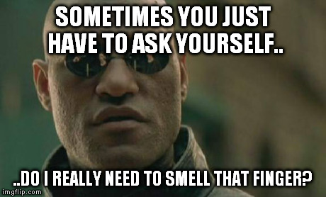 Matrix Morpheus | SOMETIMES YOU JUST HAVE TO ASK YOURSELF.. ..DO I REALLY NEED TO SMELL THAT FINGER? | image tagged in memes,matrix morpheus | made w/ Imgflip meme maker